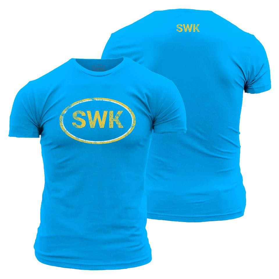 Front and back of Aqua colored T-shirt with a yellow logo that reads SWK