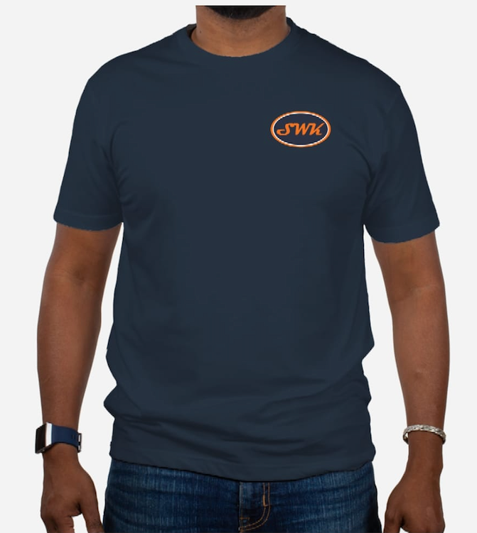 man wearing Navy colored T-shirt with an orange logo that reads SWK