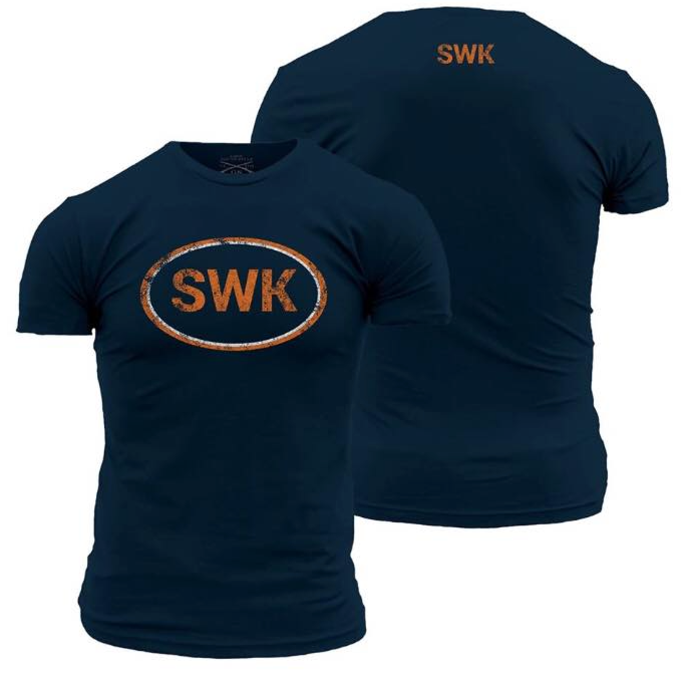 Front and back of Navy colored T-shirt with an orange logo that reads SWK